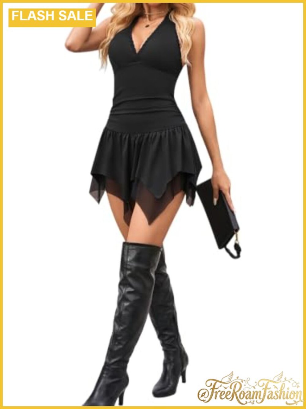 Halter V Neck Bodycon Mini Dress Ruched Asymmetric Hem Backless Party Club